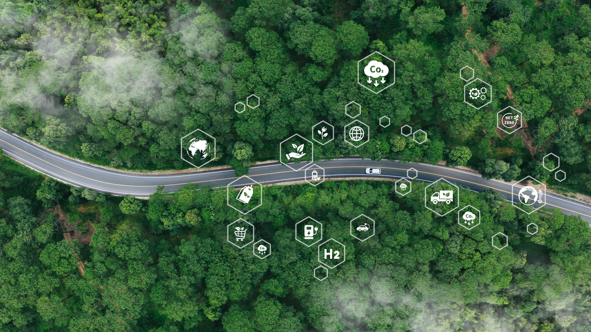 EV car, Electric car or hydrogen energy car on road midst forest and natural. Environmental friendly travel. Sustainable transportation and green logistic to Net zero carbon emission for Save earth.